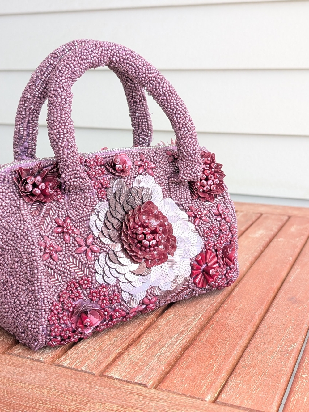 Viral Handcrafted In India Fully Beaded Floral Handbag Burgundy Wine 3D Sequin - Picture 3 of 3